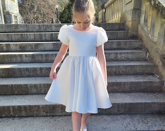 Satin Ivory Dress with Puff Sleeves, Flower Girl Outfit
