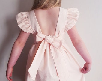 Peach little girl dresses, boho baby wedding dress, flower girl dress, dress with bow, white baby dress, first birthday, classic dress