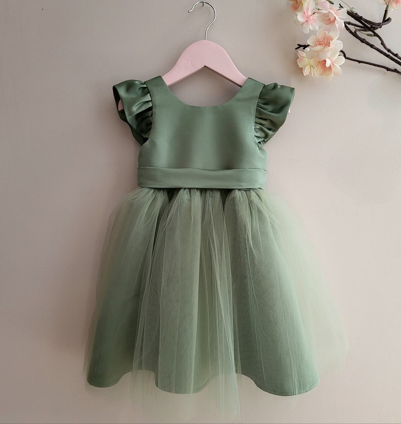 Sage tulle flower girl dress, boho wedding, little girl back bow dress, birthday girl party dress, pageant baby girl dresses, ruffle sleeve image 2