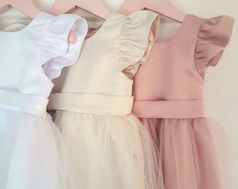 Tulle flower girl dress, little girl dresses, birthday girl fancy dress, toddler princess dress back bow, special occasion baby dresses