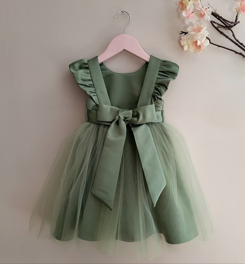 Sage tulle flower girl dress, boho wedding, little girl back bow dress, birthday girl party dress, pageant baby girl dresses, ruffle sleeve image 1