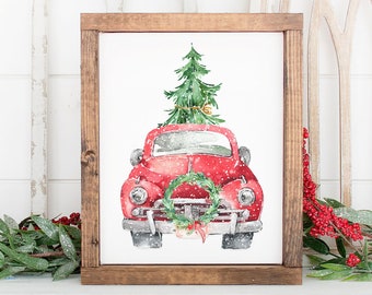 Red Truck with Christmas Tree Printable Wall Art, Watercolor Red Christmas Truck Print, Christmas Decor, Downloadable Prints