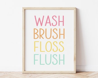 Arte de pared imprimible con cepillo de lavado y hilo dental, impresiones para baños infantiles, decoración de baños infantiles, letreros para baños, impresiones digitales descargables