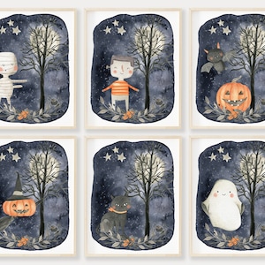 Süßes Halloween druckbare Wandkunst, 6er-Set, Halloween Printables, Kinderdekor, Halloween-Partydekoration, Aquarell Halloween Prints