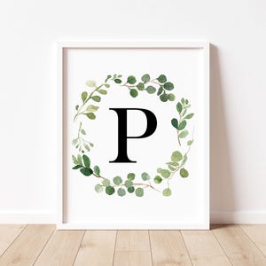 P Monogram Printable Wall Art, Letter P Initial Print, Greenery Wreath Gender Neutral Nursery Decor, Botanical Wall Art, Monogram Wall Decor