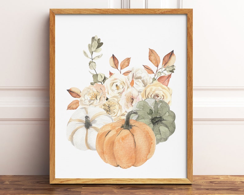 Arte da parete stampabile con bouquet autunnale di zucca, decorazioni floreali autunnali ad acquerello, decorazioni autunnali rustiche Boho, stampe botaniche digitali scaricabili immagine 5