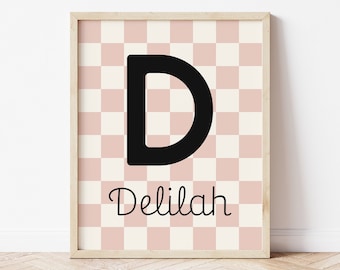 Personalized Name Printable Wall Art, Baby Girl Name Sign for Nursery Girl, Blush Pink Checkered Name Sign, Retro Girls Room Decor Monogram