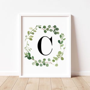 Letter C Monogram Wall Print, Printable Wall Art, Watercolor Greenery Wall Art, Nursery Botanical Prints, Baby Boy Farmhouse Nursery Decor