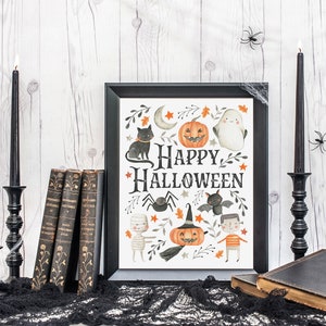 Happy Halloween Printable Wall Art, Watercolor Halloween Art Print, Cute Kids Halloween Wall Art, Halloween Print, Downloadable Prints image 3