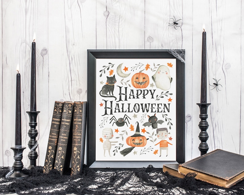 Happy Halloween Printable Wall Art, Watercolor Halloween Art Print, Cute Kids Halloween Wall Art, Halloween Print, Downloadable Prints image 3