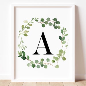 Greenery Wreath Monogram Printable Wall Art, Letter A Print, Initial Prints, Farmhouse Monogram Print, Housewarming Gift, Baby Shower Gift