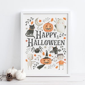 Happy Halloween Printable Wall Art, Watercolor Halloween Art Print, Cute Kids Halloween Wall Art, Halloween Print, Downloadable Prints image 1