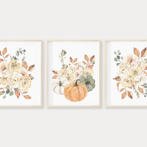 Watercolor Floral Pumpkins Printable Wall Art Set of 3, Fall Floral Print, Boho Autumn Flower Bouquet Digital Print Set, Flower Wall Decor