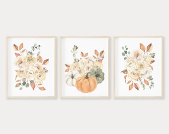 Watercolor Floral Pumpkins Printable Wall Art Set of 3, Fall Floral Print, Boho Autumn Flower Bouquet Digital Print Set, Flower Wall Decor