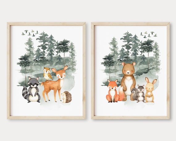 Prints Greenery Woodland Nursery Decor Boy Watercolor Woodland Animal ...