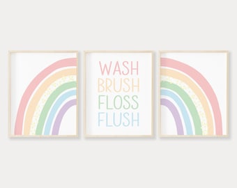 Juego de 3 impresiones de arte de pared con diseño de arcoíris, cepillo de lavado pastel, hilo dental, letrero de baño infantil bohemio con arcoíris, descarga digital