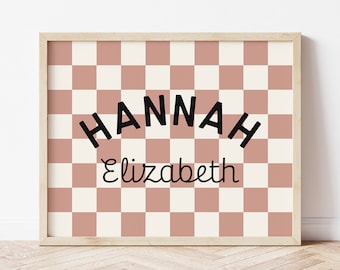 Personalized Name Printable Wall Art, Baby Girl Name Sign for Nursery Girl, Boho Dusty Rose Checkered Name Sign, Trendy Tween Room Decor