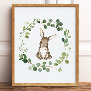 Watercolor Bunny Rabbit Print, Forest Animal Printable Wall Art, Greenery Woodland Animal Nursery Prints, Woodland Nursery Decor Download