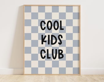 Arte de pared imprimible de Cool Kids Club, decoración de tablero de ajedrez retro en azul pastel, decoración de habitación para preadolescentes, decoración de habitación para niños pequeños, arte de sala de juegos de moda para niños