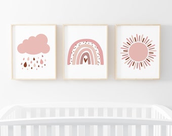 Pink Rainbow Wall Art, Printable Wall Art Set of 3, Neutral Boho Nursery Decor Girl, Modern Sun Print, Scandi Cloud Poster, Digital Download