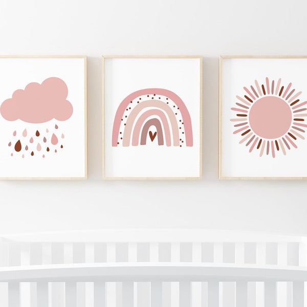 Pink Rainbow Wall Art, Printable Wall Art Set of 3, Neutral Boho Nursery Decor Girl, Modern Sun Print, Scandi Cloud Poster, Digital Download