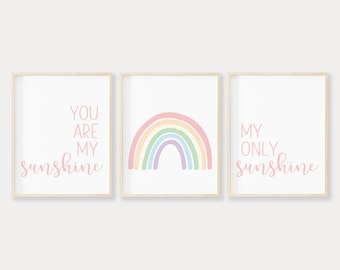 Pink You are my Sunshine Printable Wall Art, My Only Sunshine Print, Sunshine Nursery Decor, Pastel Rainbow Poster, Digital Download