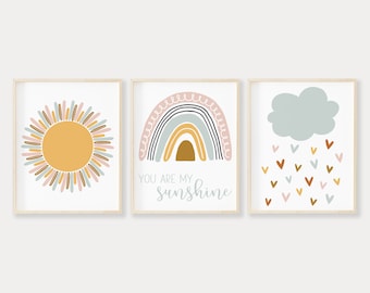 Pastel Rainbow You Are My Sunshine Printable Wall Art, Sun Print, Cloud with Hearts, Boho Rainbow Print, Rainbow Baby Nursery Decor Boy