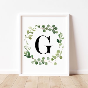 Greenery Wreath Monogram Printable Wall Art, Letter G Print, G Initial Print, Nursery Wall Art, Farmhouse Decor, Downloadable Prints
