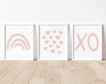 Juego de 3 impresiones de arte de pared con corazones arcoíris rosas XO, decoración de pared rosa ruborizada, decoración de habitación infantil ruborizada, estampado de arcoíris, impresiones XO, impresiones para habitación infantil de niña