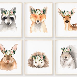 Blush Flower Crown Animal Prints Set of 6, Printable Wall Art, Boho Floral Crown Woodland Nursery Decor, Woodland Animal Art, Forest Animals