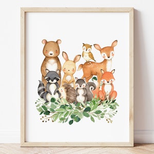 Watercolor Greenery Woodland Nursery Prints, Printable Forest Animal Wall Art, Wilderness Nursery Decor, Nature Wildlife Digital Download