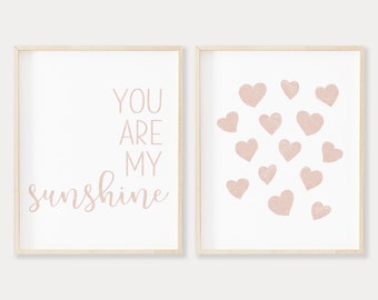 Blush Pink Hearts You Are My Sunshine Printable Wall Art Set of 2, Boho Blush Nursery Decor, Girl Nursery Prints, descarga digital