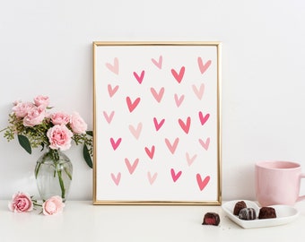 Arte de pared imprimible de corazones, decoración de habitación infantil imprimible de San Valentín, arte de pared de corazones, decoración del día de San Valentín, póster de corazones, impresiones descargables