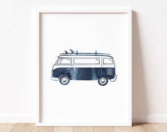 Watercolor Surf Van Printable Wall Art, Boy Surf Poster, Girl Surf Nursery, Retro Van Print, Beach Baby Nursery Decor, Kids Hawaii Poster