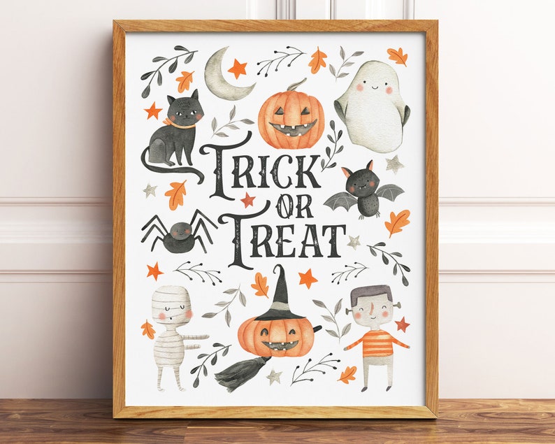Trick or Treat Printable Wall Art Watercolor Halloween image 1