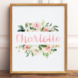 Blush Pink Floral Nursery Name Sign, Printable Wall Art, Personalized Baby Girl Name Sign, Baby Name Print, Watercolor Floral Nursery Print Vertical/Portrait