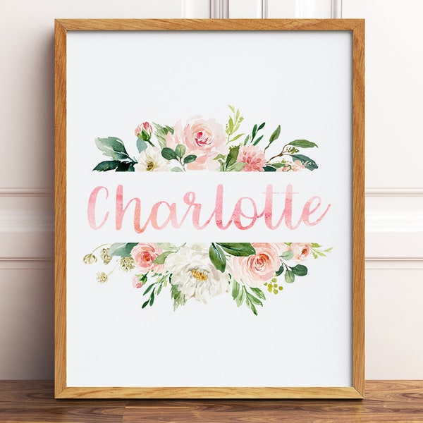 Blush Pink Floral Nursery Name Sign, Printable Wall Art, Personalized Baby Girl Name Sign, Baby Name Print, Watercolor Floral Nursery Print