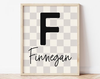 Personalized Name Printable Wall Art, Baby Boy Name Sign for Nursery Boy, Greige Checkered Name Sign, Retro Boys Room Decor Monogram Initial