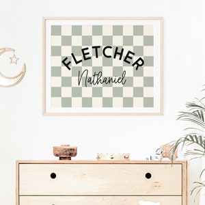 Personalized Name Printable Wall Art, Baby Boy Name Sign for Nursery Boy, Sage Green Checkerboard Nursery Name Sign, Trendy Boys Room Decor image 3