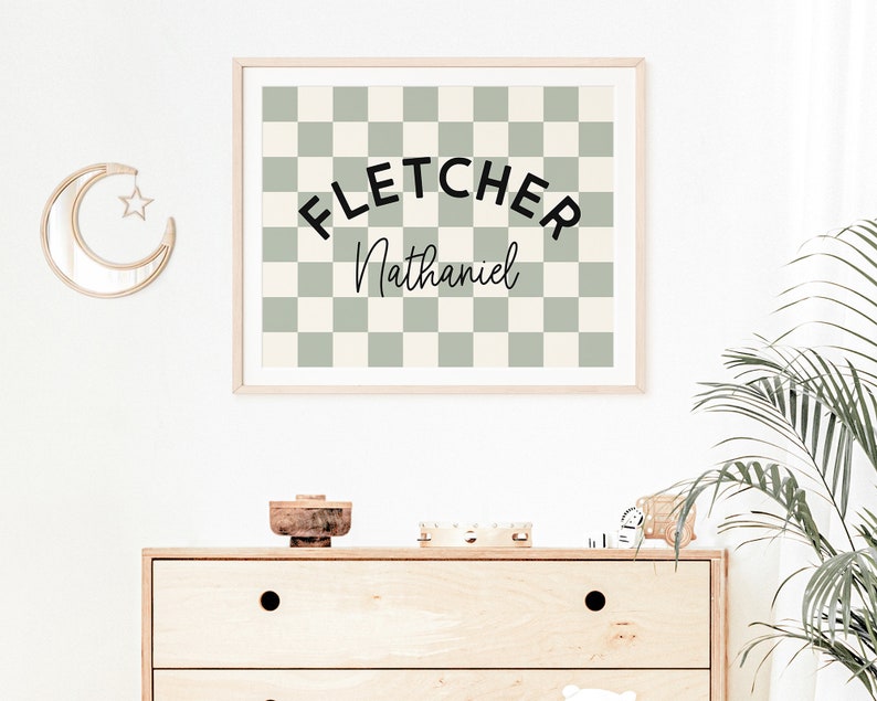 Personalized Name Printable Wall Art, Baby Boy Name Sign for Nursery Boy, Sage Green Checkerboard Nursery Name Sign, Trendy Boys Room Decor image 3