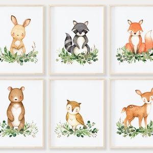 Watercolor Woodland Nursery Decor Printable Wall Art Set of 6, Woodland Creatures Nursery, Greenery Forest Animal Prints, Digital Download