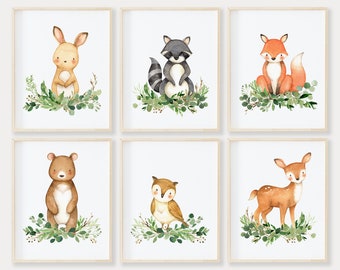 Juego de 6 impresiones de acuarela para decoración de pared de bosque, animales del bosque, descarga digital.