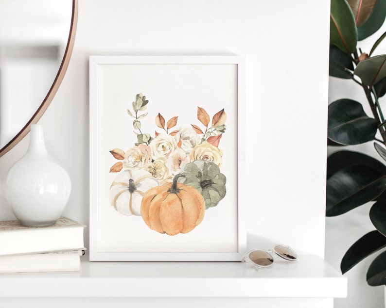 Arte da parete stampabile con bouquet autunnale di zucca, decorazioni floreali autunnali ad acquerello, decorazioni autunnali rustiche Boho, stampe botaniche digitali scaricabili immagine 6