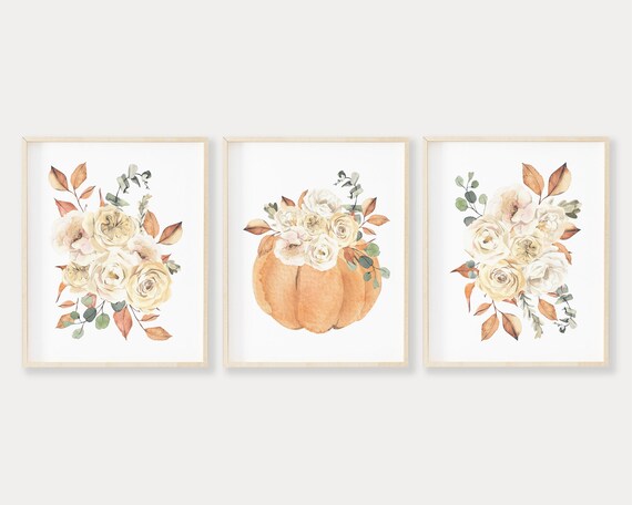 Set Of Two BOHO Pumpkins And Flowers 2 White Framed Print Wall Art Set Of Two BOHO Pumpkins And Flowers 2 White Framed Print Wall Art