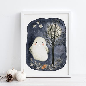 Cute Ghost Print, Halloween Printable Wall Art, Halloween Printable Decor for Kids, Watercolor Halloween Decor, Spooky Tree Digital Download