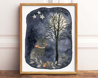 Cute Black Cat Halloween Printable Wall Art, Kids Halloween Decor, Watercolor Halloween Decorations, Halloween Art Print Digital Download