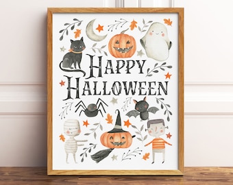Happy Halloween Printable Wall Art, Watercolor Halloween Art Print, Cute Kids Halloween Wall Art, Halloween Print, Downloadable Prints
