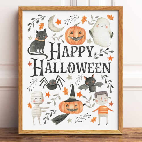 Happy Halloween Printable Wall Art, Watercolor Halloween Art Print, Cute Kids Halloween Wall Art, Halloween Print, Downloadable Prints