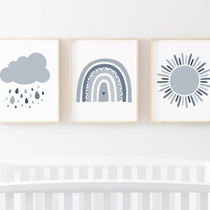 Boy Rainbow Wall Art Set of 3, Printable Wall Art, Sky Blue Rainbow Baby Boho Nursery Decor, Sunshine Print, Cloud Rain Sun Digital Download