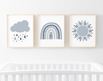 Juego de 3 impresiones de arte de pared con arcoíris para niño, arte de pared imprimible, decoración de guardería bohemia con arcoíris azul cielo, impresión de sol, descarga digital de nubes, lluvia y sol.
